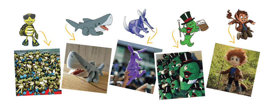 Bulk custom plush mascots promotional book characters authors events brands logos